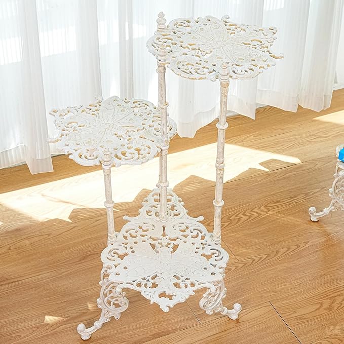 Sungmor Vintage Cast Iron 3-Tier Plant Stand, Elegant Butterfly & Floral Design with Antique White Finish, 28 Inch Tall Rustic Flower Pot Holder, Heavy Duty Metal Display Shelf for Indoor and Outdoor