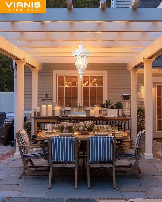 VIANIS Extra Large Outdoor Pendant Lights, 21.3 in White Modern Chain-Adjustable Ceiling Light, Waterproof Outdoor Chandelier with Seed Glass, Outside Pendant Light for Porch, Doorway, Entryway