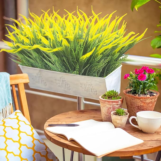 10 Bundles Artificial Plants Outdoor Fake Grass with Flowers UV Resistant Greenery Garden Porch Window Box Decorating (Yellow)