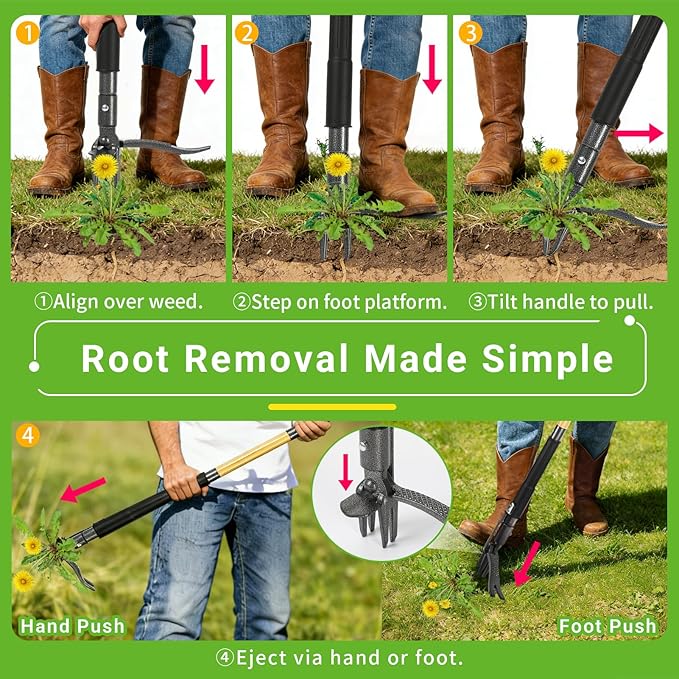 Weed Puller Tool, Heavy Duty Gardening Hand Tools with 4-Claw Steel Head & Dual-Eject Mechanism, 57.5" Bamboo Long Handle Stand Up Weeding Tool for Lawn Yard, Includes 16 Gallon Leaf Bag