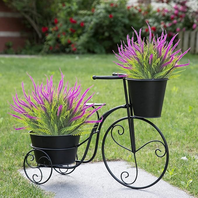 10 Bundles Artificial Plants Outdoor Fake Grass with Flowers UV Resistant Greenery Garden Porch Window Box Decorating (Magenta)