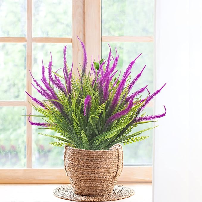 10 Bundles Artificial Plants Outdoor Fake Grass with Flowers UV Resistant Greenery Garden Porch Window Box Decorating (Magenta)