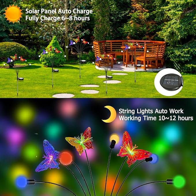 Solar Firefly Colorful Butterfly Garden Lights 2Pack Outdoor Waterproof for Pathway Landscape Camping Patio Lawn Decorations Multicolor