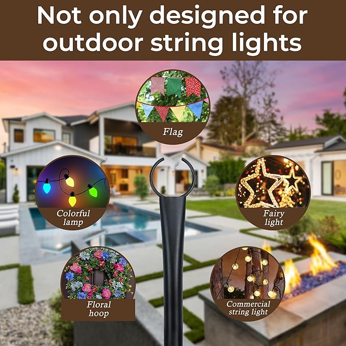 10 Ft String Light Poles for Outside, 6 Pack Heavy-Duty Metal Poles for Outdoor Hanging Lights with Fence Brackets, Outdoor String Light Pole Stand for Patio, Backyard, Garden