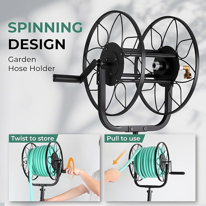 Favormony Garden Hose Reel - Heavy Duty Outdoor Turntable Water Hose Holder with Sturdy Cross Base, 100 ft of 5/8" Hose Capacity, Height Adjustable 360 Degree Rotate Freestanding Hose Stand for Yard