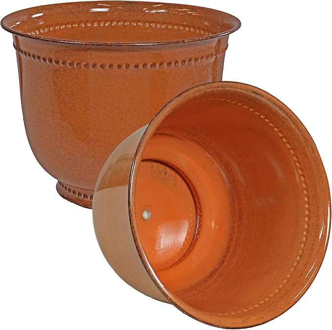Sunnydaze Michael 14.5" Metal Outdoor Plant Pot Set with Drainage Holes and Rubber Plugs - Chestnut Glaze - Set of 2