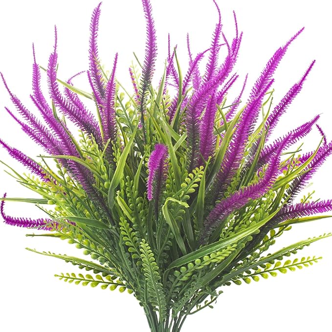 10 Bundles Artificial Plants Outdoor Fake Grass with Flowers UV Resistant Greenery Garden Porch Window Box Decorating (Magenta)