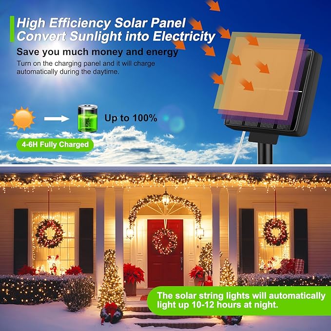 Brightever Solar Powered String Lights Outdoor Waterproof, 4-Pack Total 160FT 400 LED Solar Twinkle Lights with 8 Lighting Modes, Solar Fairy Lights for Fence, Balcony (Daylight White)