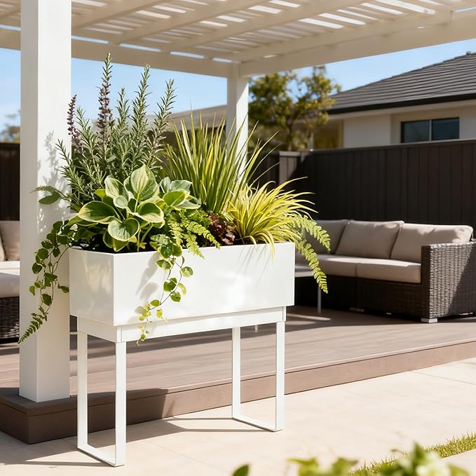 WORTH Raised Metal Planter Box with Legs, 28" Elevated Garden Bed for Indoor & Outdoor Use – Glossy White Galvanized Steel Planter with Inner Shelf, Drainage Holes, Plug for Vegetables, Flowers, Herbs