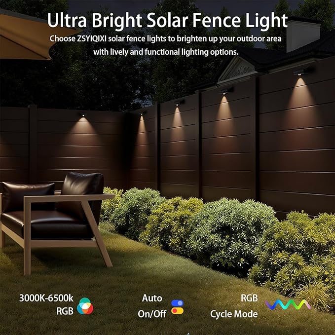 Solar Fence Lights,10 RGB Color Changing Modes,Solar Lights Powered Waterproof IP65,30 Hours Runtime,Easy Installation for Fence,Garden,Yard,Patio,Pool,Porch,Holiday Decor(4P)
