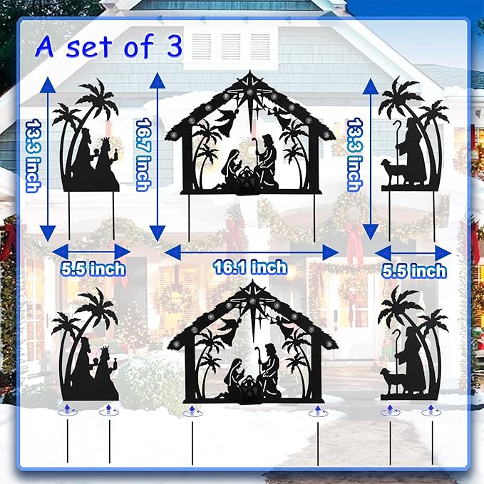 3Pack Lighted Metal Nativity Scene Garden Stake,Solar Christmas Decorations Outdoor,Silhouette Nativity Set Outside for Yard Decor