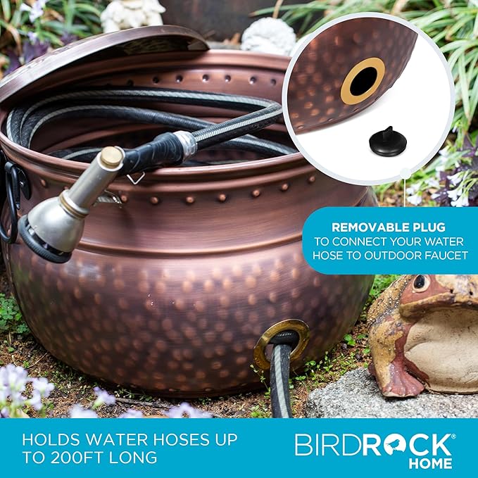 BIRDROCK HOME Water Hose Holder with Lid | Ground Garden Hose Pot | Decorative | Handle | Embossed | Steel Metal with Copper Accents | Outdoor or Indoor Use