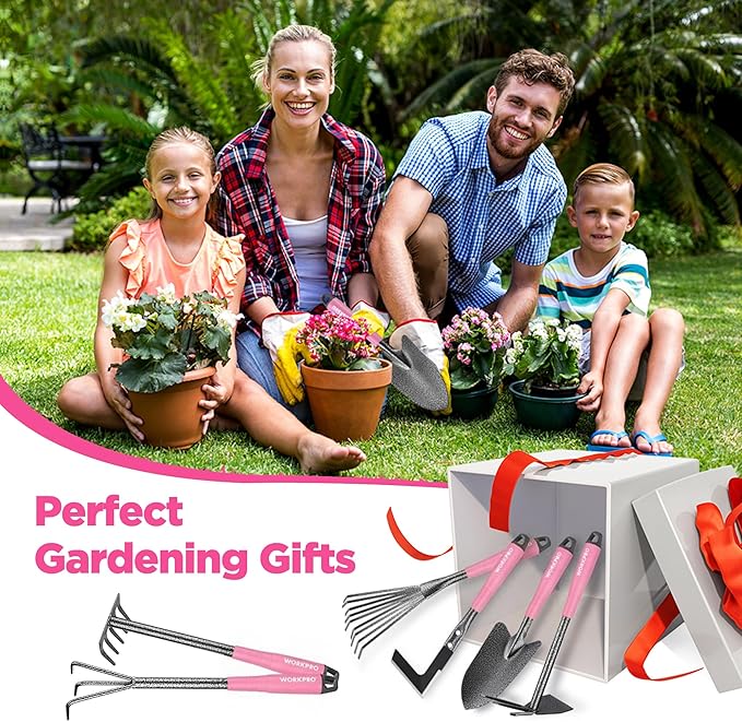 WORKPRO 6-Piece Pink Garden Tool Set, Heavy Duty Gardening Hand Tools with Soft Rubber Handle, Including Trowel, Rakes, 2-in-1 Hoe and Crack Weeder, Ideal Gardening Gifts for Men and Women