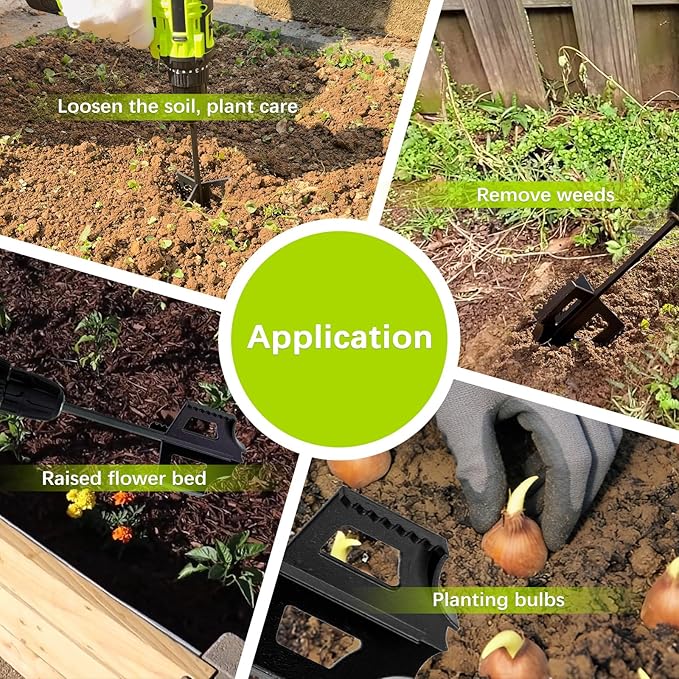 4-in-1 Soil Cultivator Garden Handheld Drill Tiller Attachment, Loosener Tool and Soil Digger for Planter Boxes and Raised Garden Beds, Planter Auger Compatible with 3/8" Hex Drive Drill