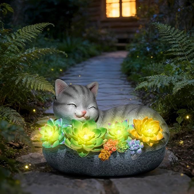 basen Solar Sleeping Cat Outdoor Garden Decor, Resin Cat Figurine with Colorful Succulent Flowers, Solar Powered LED Light, Waterproof Yard Lawn Patio Ornament, Cute Animal Gift for Home Garden