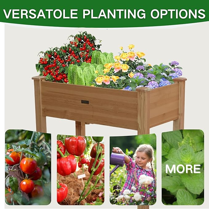 ZSYWODFO 34x18x30in Wooden Raised Garden Bed with Legs,Elevated Reinforced Planter Box with Bed Liner for Backyard/Patio/Gardener,150lb Capacity - Acorn Brown