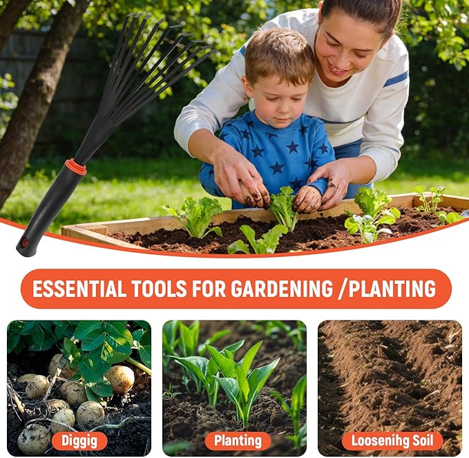 Small Hand Rake, Stainless Head and Tines, Gardening Hand Tool with Ergonomic Handle and Hanging Hole for Storage for Maintaining Raised Garden Beds