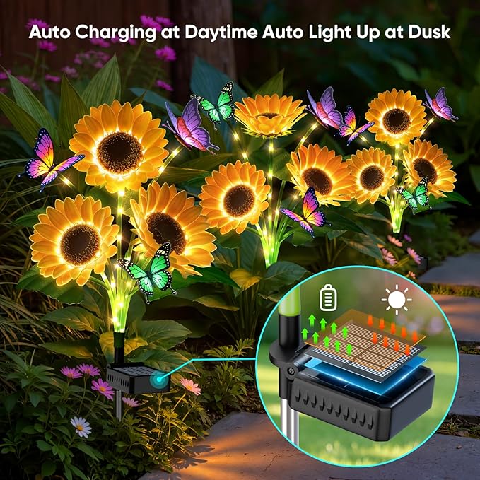 Solar Flowers Outdoor Waterproof: 2 Pack Solar Sunflower Lights with Butterflies for Garden Decor - Auto On Off IP65 Outdoor Lights - Unique Gifts for Mom and Gardeners