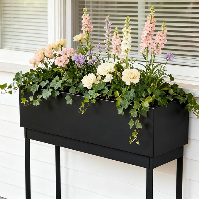 Worth Set of 2 Raised Metal Planter Box with Legs, Large & Small Matte Black Galvanized Steel Elevated Garden Beds with Drainage Hole & Plug for Vegetables, Flowers & Herbs, Indoor & Outdoor Use