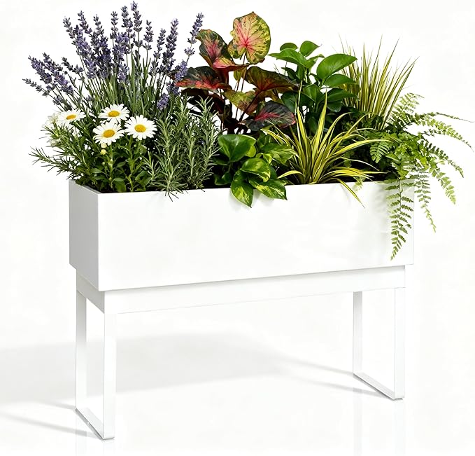 Worth Raised Metal Planter Box with Legs, 30"x12.5"x24" Elevated Garden Bed for Indoor & Outdoor Use – Glossy White Galvanized Steel Planter with Drainage Hole & Plug for Vegetables, Flowers & Herbs
