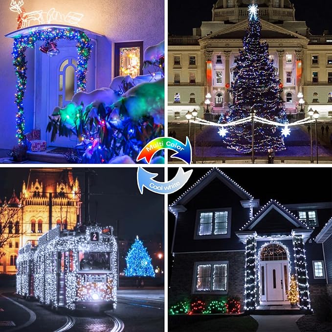 (Cool White ⇋ Multicolor) Solar String Lights Outdoor, 2-Pack 80FT 200 LED Waterproof Silver Wire Solar Twinkle Lights for Outside with 8 Modes, Fairy Light for Tree Garden Wedding Patio Decorations