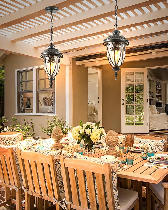 VIANIS Outdoor Pendant Light Lantern, Farmhouse Outdoor Chandelier, Vintage Outdoor Hanging Lights with Seed Glass, Brown Ceiling Lights for Porch, Porch Lights Ceiling for House
