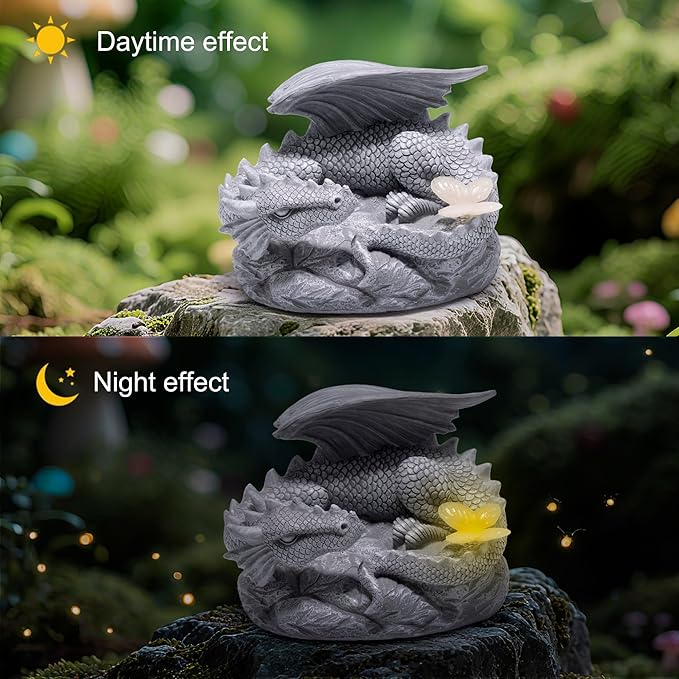 basen Solar Dragon Garden Statue Outdoor Decor, Resin Flying Dragon Figurine with LED Light, Solar Powered Fantasy Yard Art for Lawn Patio Porch Pathway, Weather Resistant