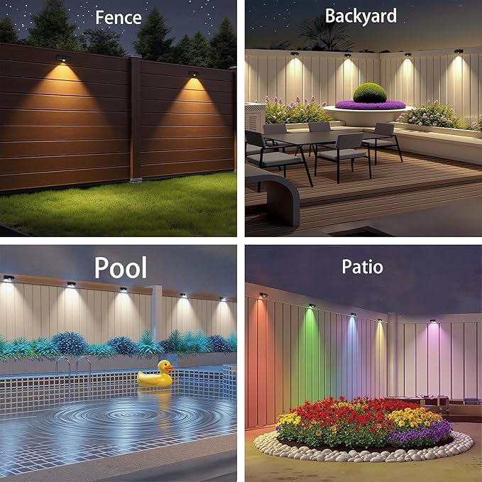Solar Fence Lights,10 RGB Color Changing Modes,Solar Lights Powered Waterproof IP65,30 Hours Runtime,Easy Installation for Fence,Garden,Yard,Patio,Pool,Porch,Holiday Decor(4P)
