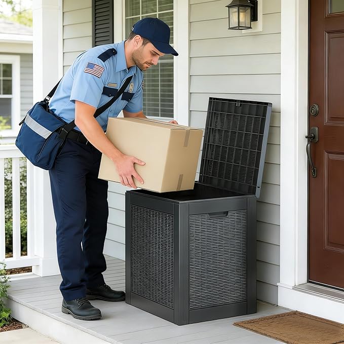 WTFGO 30 Gallon Outdoor Storage Deck Box Waterproof,Garden Tool,Backyard Cushion,Poolside Storage,Small Delivery Boxes for Outside,Lockable Lid,Rattan Black