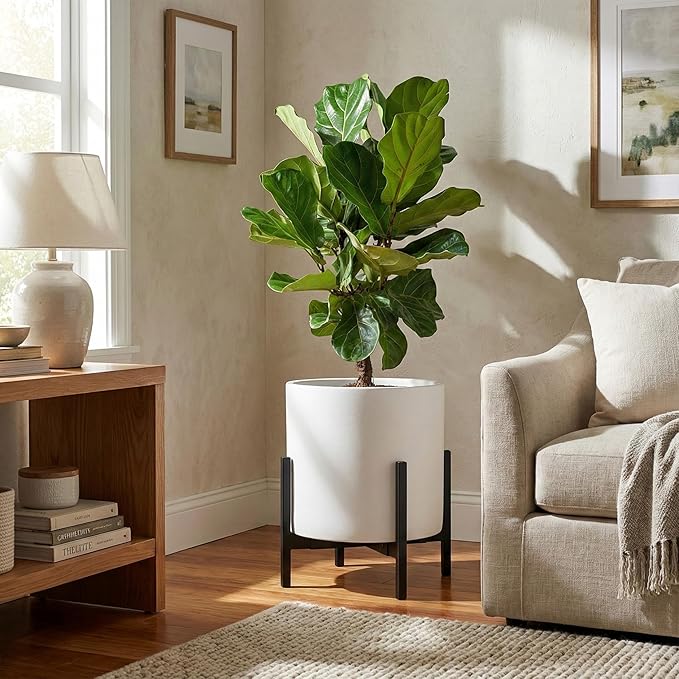 FaithLand Plant Pot 12 inch - Perfectly Fits Mid-Century Modern Plant Stand - Drainage Plug and Drainage Mesh Screen - Matte White