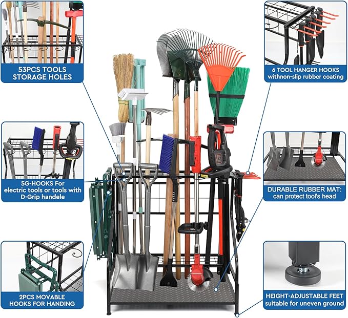 WEYIMILA Garden Tool Organizer for Garage, Yard Tool Storage, Garden Tool Rack, for Shed Home Outdoor, Up to 58 Long-Handled Tools, Garden Tool Stand, Heavy Duty Steel, Black