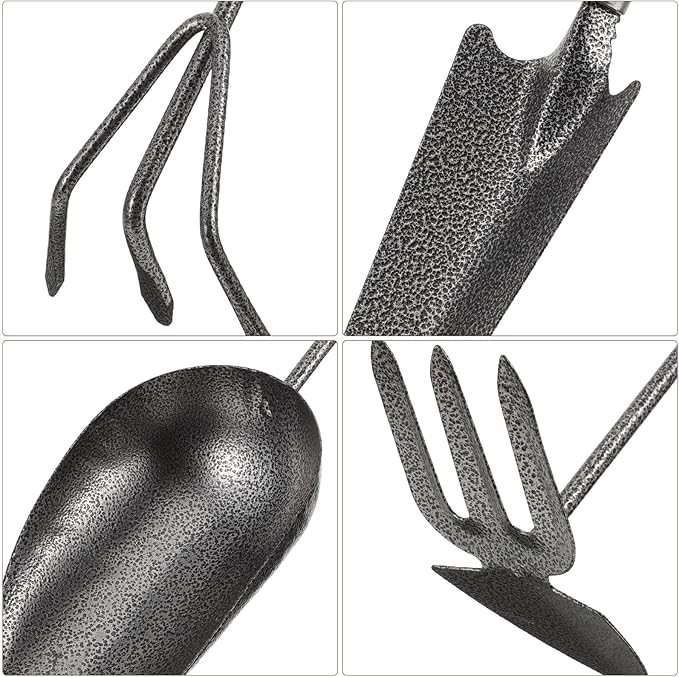 Housoutil 4pc Hand Garden Tools Set with Thick Painted Shovel, Rake, Narrow Trowel and Dual-Purpose Hoe, Sturdy Transplanting and Weeding Kit for Vegetable Gardens and Flower Pots