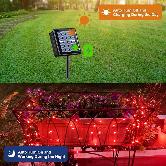QITONG 4 Pack Solar Fairy Lights, Each 33ft 100 LED Red Christmas String Light Outdoor Waterproof, 8 Modes Silver Wire Twinkle Mini Lights