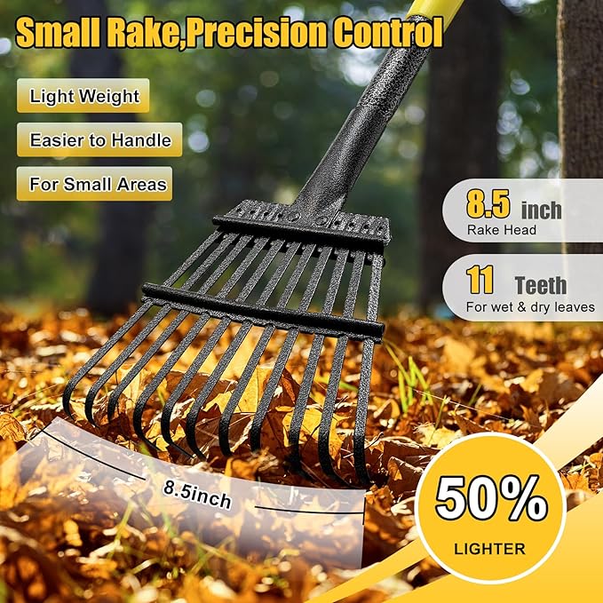 Leaf Rake: 8.5" Wide Heavy Duty Small Metal Garden Rake for Lawn Yard Garden Bed Leaves Debris Shrub Pine Needles Cleanup, 11 Metal Tines, Lightweight Kids Leaf Rakes, 72” Long Handle
