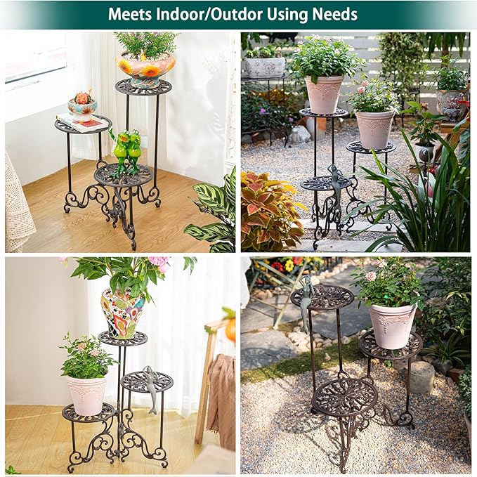 Sungmor Heavy Duty Cast Iron Plant stand, 3 Tier Foldable Metal Plant Shelf, 24in Tall Vintage Flower Pot Holder Indoor Outdoor Tiered Plant Stand, Rustic Plant Display Rack for Corner Balcony Patio