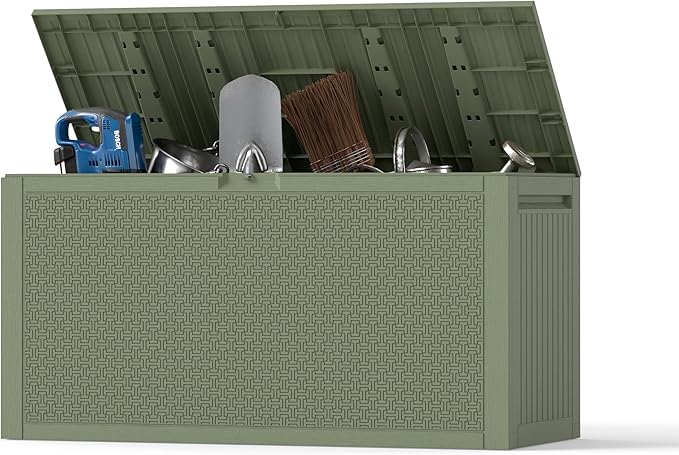 ZYJOYY Outdoor Storage Box, 90 Gallon Deck Box, Waterproof Resin Storage Bin for Patio Cushions, Gardening Tools, Lockable, UV Resistant,Olive Green