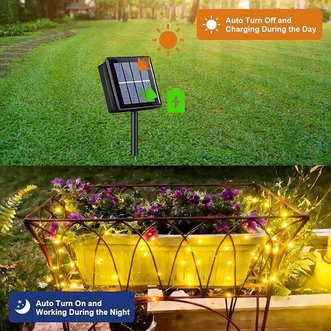 QITONG Solar Fairy Lights, 4 Pack Each 33ft 100 LED Warm White Christmas Light Outdoor Waterproof, 8 Modes Silver Wire Twinkle Mini Lights