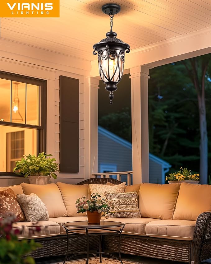 VIANIS Extra Large Outdoor Pendant Light, 21.3 in Outdoor Chandelier Bronze, Waterproof Outdoor Hanging Light with Seed Glass, Anti-Rust Outdoor Pendant Lights for Porch, Vintage Style
