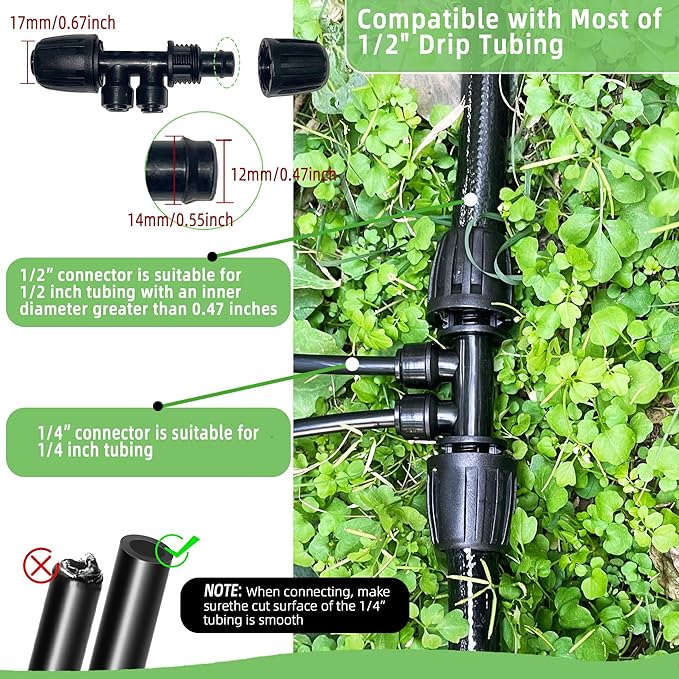 4 Pack 1/2'' to 1/4'' Drip Irrigation Fittings, Push-to-Connect 4 Way Drip Irrigation Part Barbed Tee Connectors, Anti-leak Locked Splitter Fitting for 1/2" Irrigation Tubing (0.6''-0.67''OD)