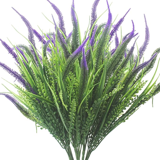10 Bundles Artificial Plants Outdoor Fake Grass with Flowers UV Resistant Greenery Garden Porch Window Box Decorating (Purple)