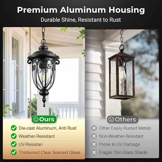 VIANIS Black Dusk to Dawn Outdoor Hanging Lights, Vintage Outdoor Pendant Light with Seed Glass, Waterproof, Anti-Rust Adjustable Length Chandelier, Hanging Ceiling Light for Porch, Garden, Yard