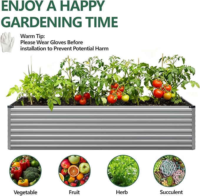 Vengarus 12x4x2FT Galvanized Raised Garden Bed Kit, Large Rectangle Elevated Planter for Vegetables, Flowers, Herbs and Succulents -718 Gallon Capacity, Silver