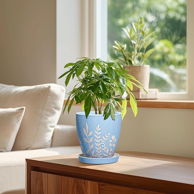 EPFamily 6 Inch Ceramic Plant Pot with Saucer - Small Flower Pot with Drainage for Succulents & Herbs, Boho Desk Home Office Room Decor, Plant Lovers Gifts, Blue