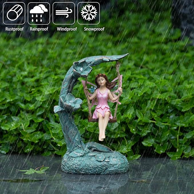 Garden Flower Fairy Outdoor Statue Decor Funny Swing Fairy Ornaments Figurines for Patio Lawn Yard Porch Outside Garden Gifts,9.05 Inches Tall ﻿ ﻿ ﻿