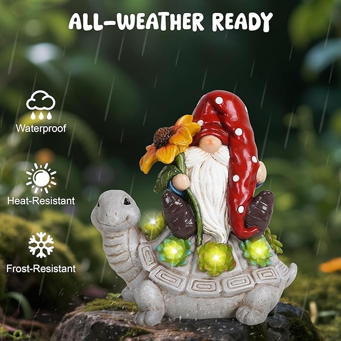 basen Solar Turtle Gnome Garden Statue Outdoor Decor, Resin Turtle with Gnome Figurine and LED Light, Solar Powered Yard Art for Lawn Patio Porch Pathway, Weather Resistant
