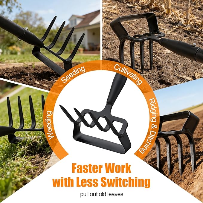 Garden Hoe, 62 Inch Weed Tool, Long Soil Tiller Cultivator, Heavy Duty Metal Stirrup Hoe Weeder Scraper Rake for Flower Beds, Patio, Garden Loosening Soil Weeding Digging