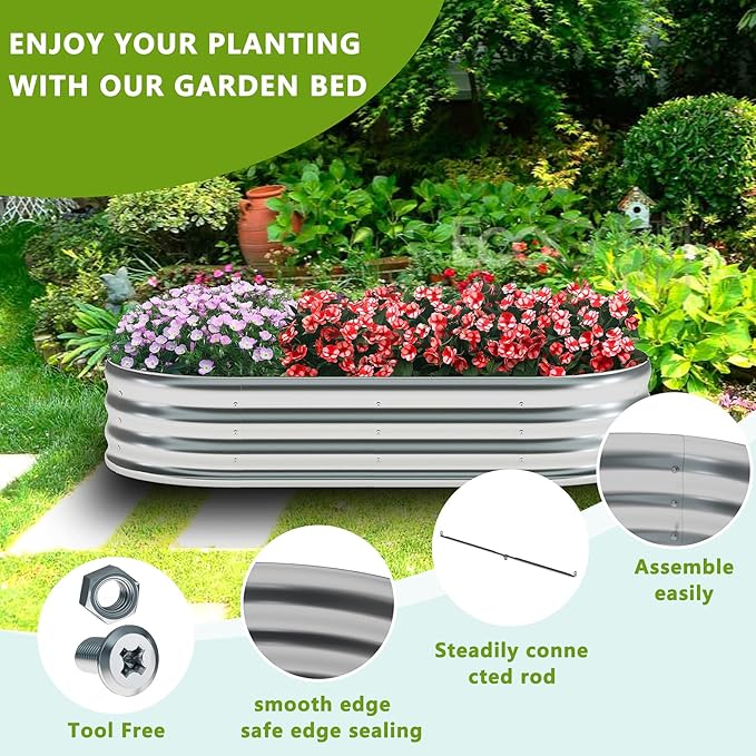 zizin 2 Pack Oval Galvanized Raised Garden Bed Kit 4x2x1ft Metal Planter Box for Outdoor Vegetables, Silver