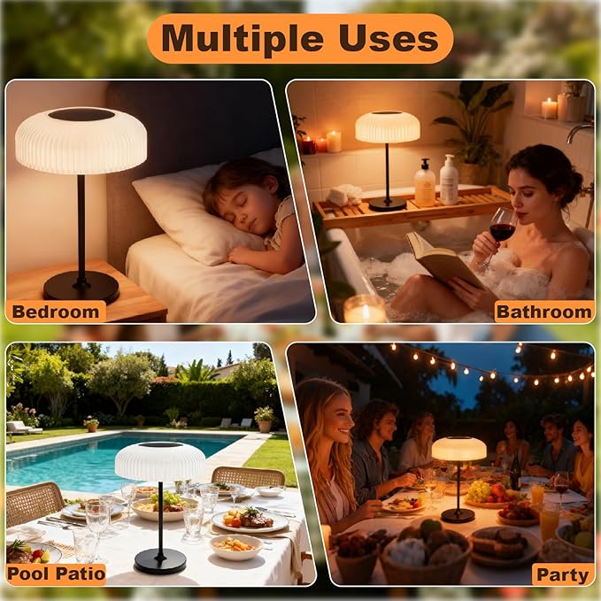 Solar Outdoor Table Lamp - Waterproof Shower Lamps with Light Sensor, Touch Dimmable Cordless Table Lamp Rechargeable for Garden Patio Bathroom Bedroom, lámpara de escritorio