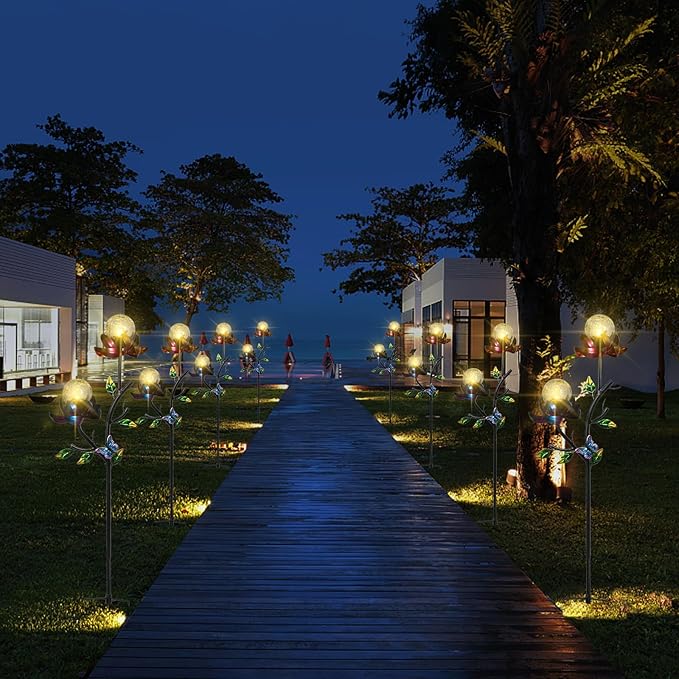 VCUTEKA Solar Garden Flowers with LED Light Crackle Glass Globe Solar Lights Outdoor Metal Stake Wind Spinner for Garden Decoration, Patio Decor, Yard Decor and Gift for Mother