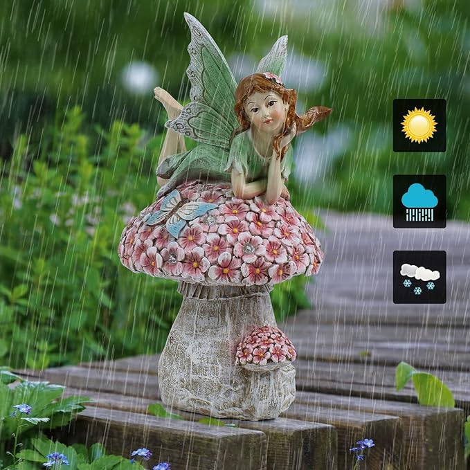Fairies for Fairy Garden - Fairy Outdoor Statue Solar Powered Resin Ornaments,Patio Lawn Yard Porch,Fairy Figurines for Home Garden Gifts,8.66 inches Tall